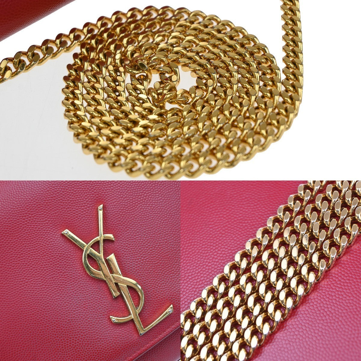 SAINT LAURENT YSL Logo 2Way Chain Shoulder Clutch Bag Red GHW Italy 22RF821