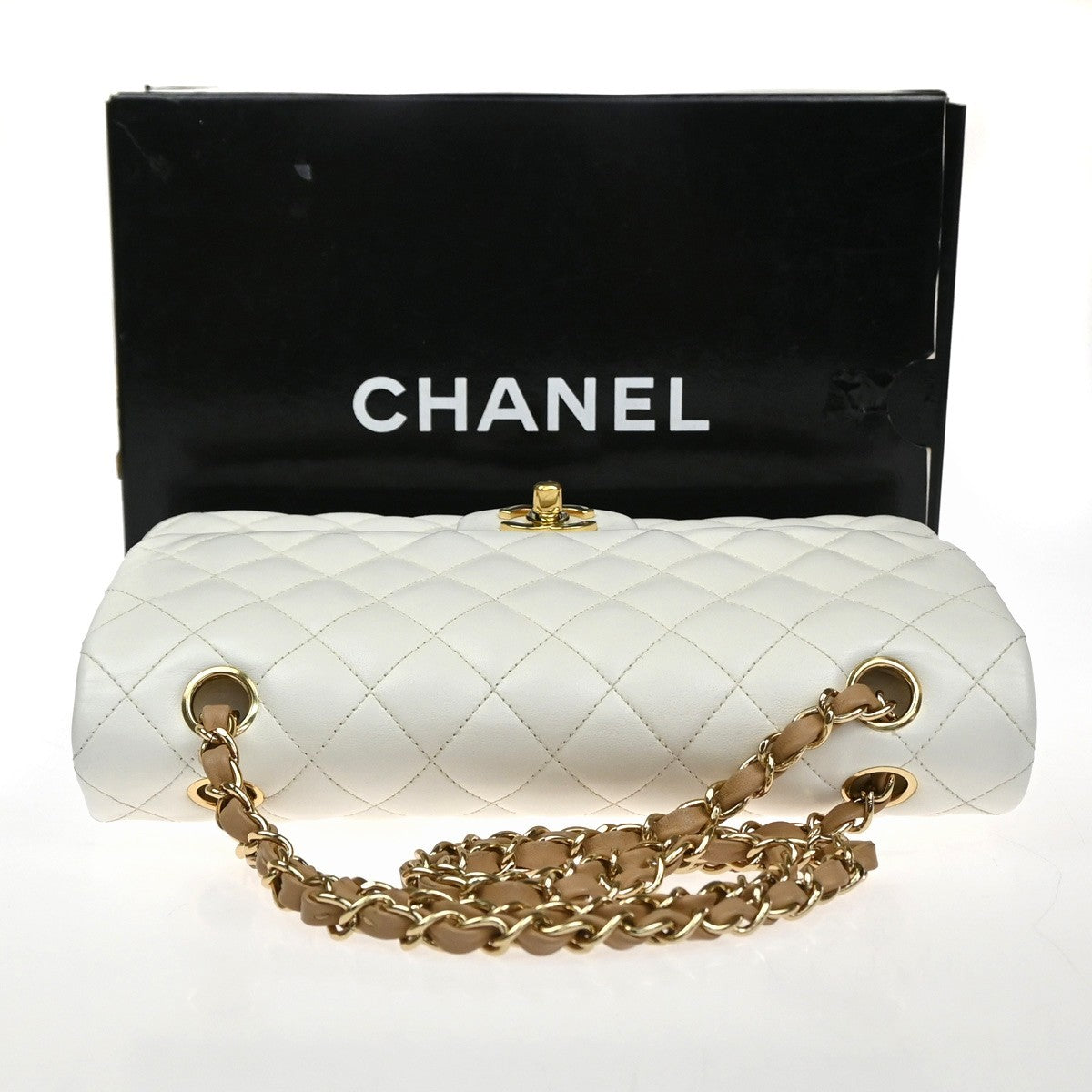 CHANEL CC Matelasse 25 Double Flap Chain Shoulder Bag Leather White GHW 870RQ054