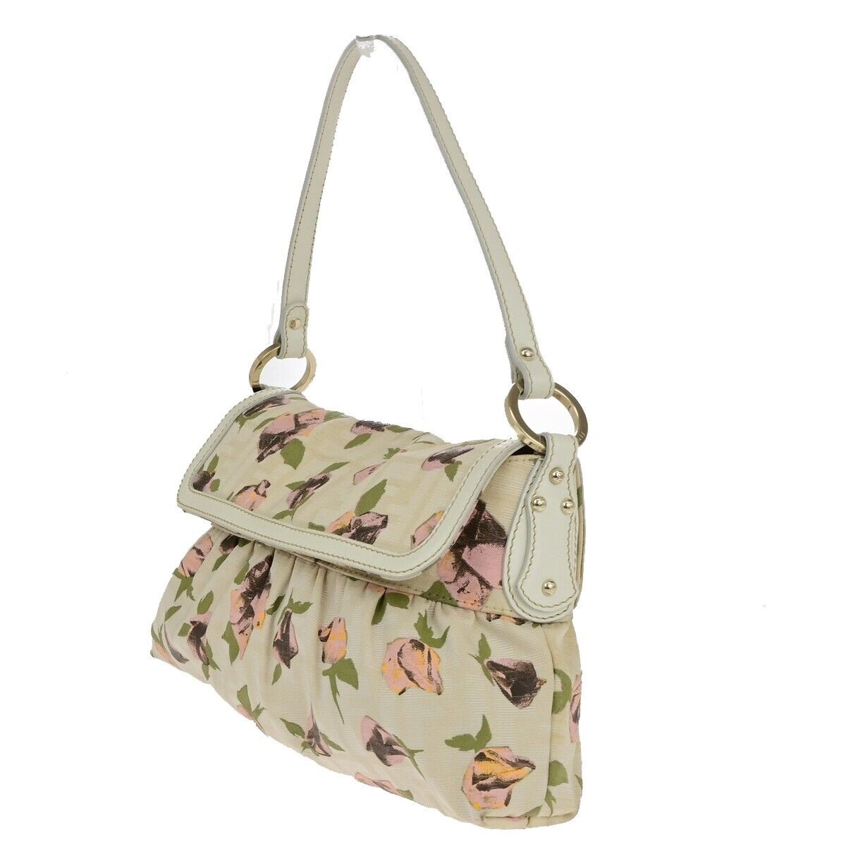 FENDI Logo Zucca Pattern Flower Hand Bag Canvas Leather Beige Pink Italy 88ED405