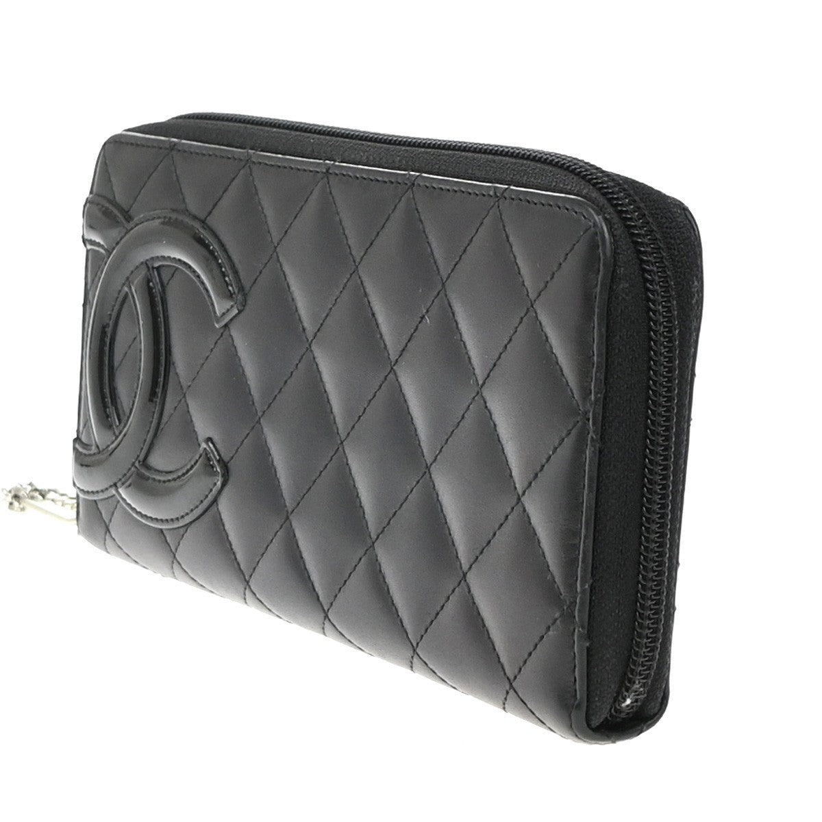 CHANEL CC Cambon Long Zipper Bifold Wallet Patent Leather Black SHW 13RF962