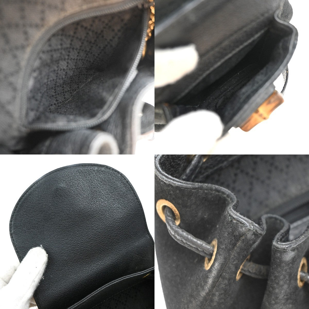 GUCCI Logo Bamboo Backpack Bag Suede Drawstring Black Italy 61EG169