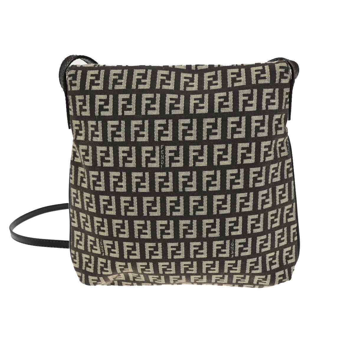 FENDI Logo Zucchino Shoulder Bag Canvas Leather Brown SHW Italy 70SJ496