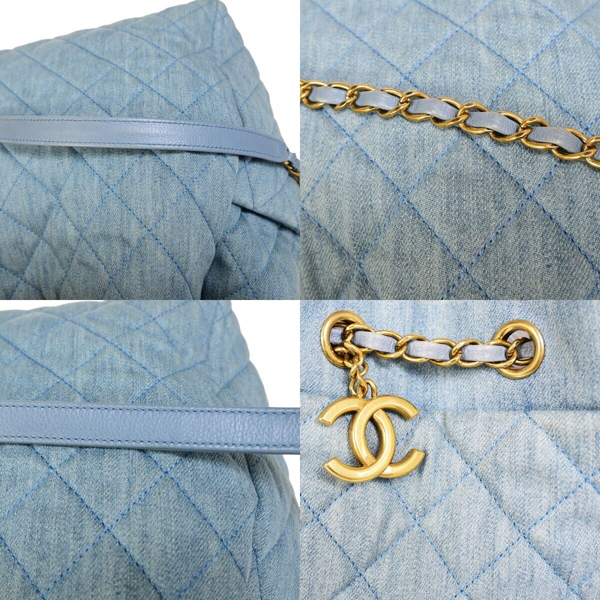 CHANEL CC Logo Matelasse Chain Shoulder Bag Denim Leather Blue Gold 382RJ864