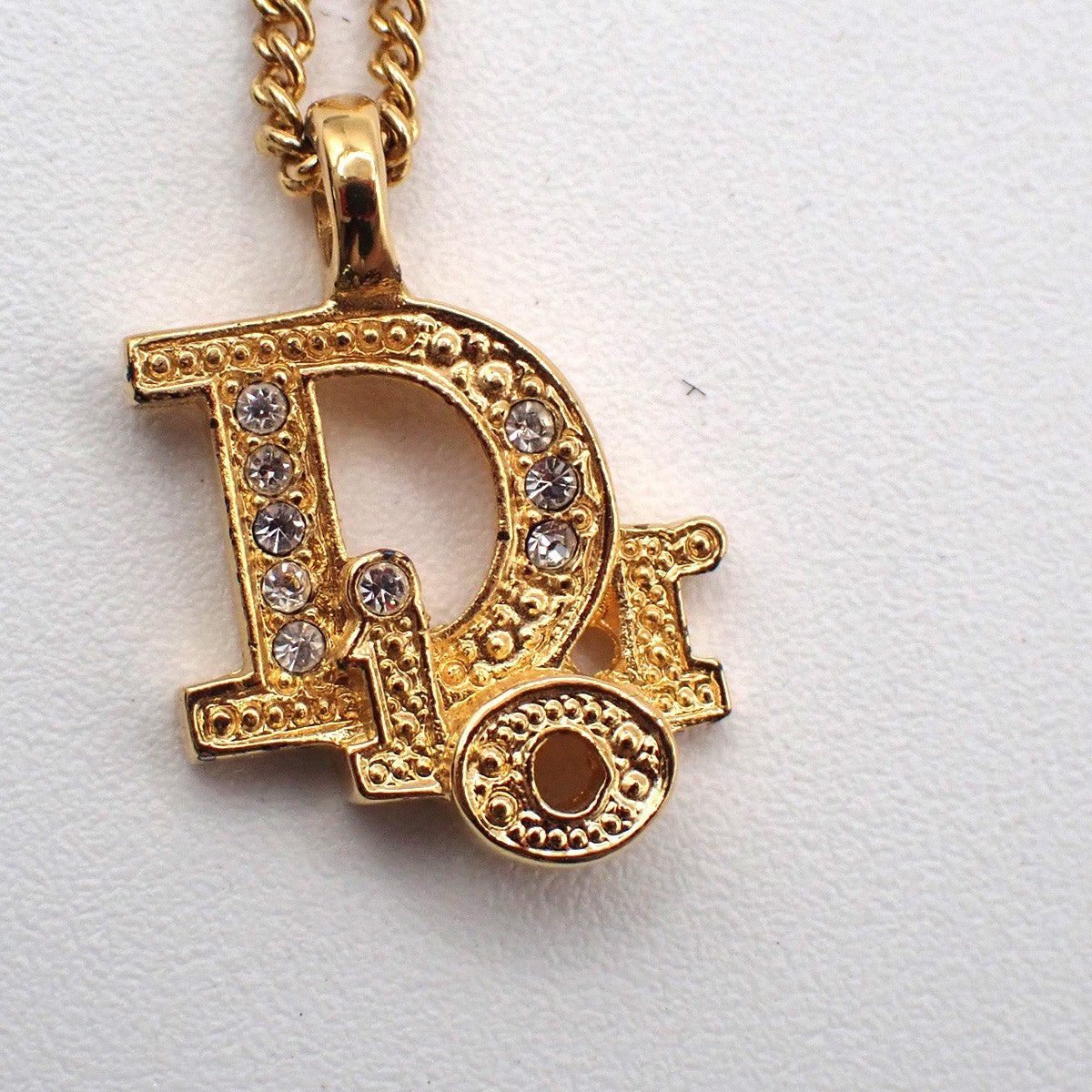 CHRISTIAN DIOR Logo Rhinestone Chain Necklace Pendant Gold Plated 02YJ116