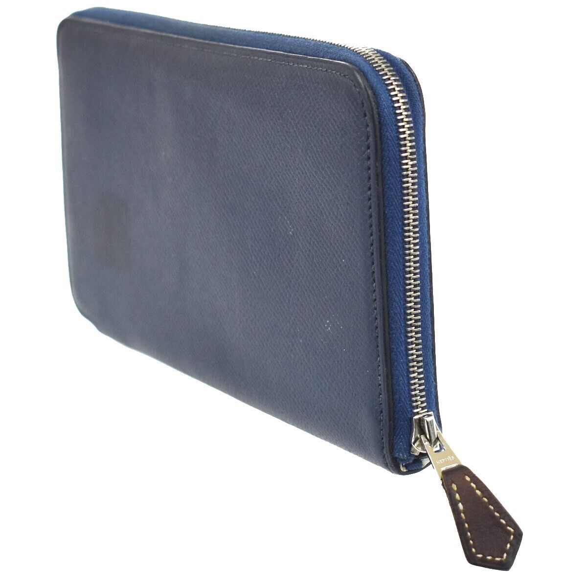 HERMES Azap Silk In Long Zipper Bifold Wallet Purse Leather Blue Silver 37JH641