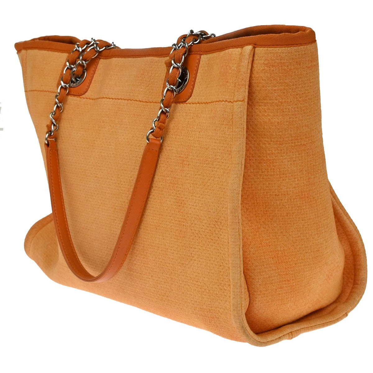 CHANEL Deauville Chain Shoulder Tote Bag Canvas Leather Orange Italy 373RF715