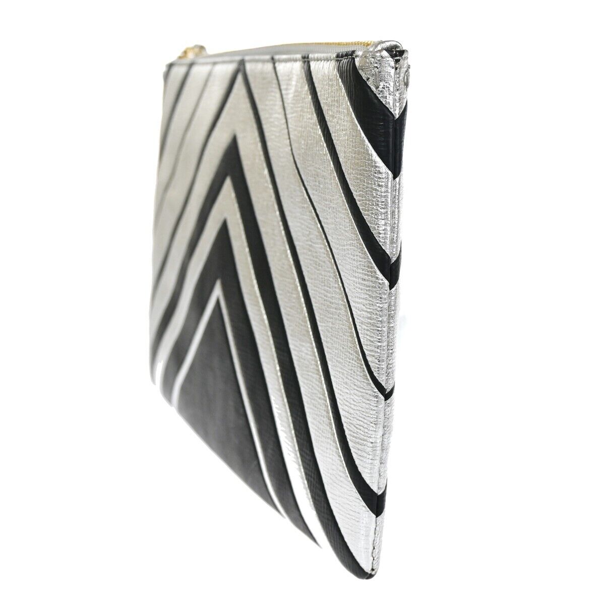 ANYA HINDMARCH Logo Fringe Tassel Clutch Hand Bag Leather Silver Black 69EA079