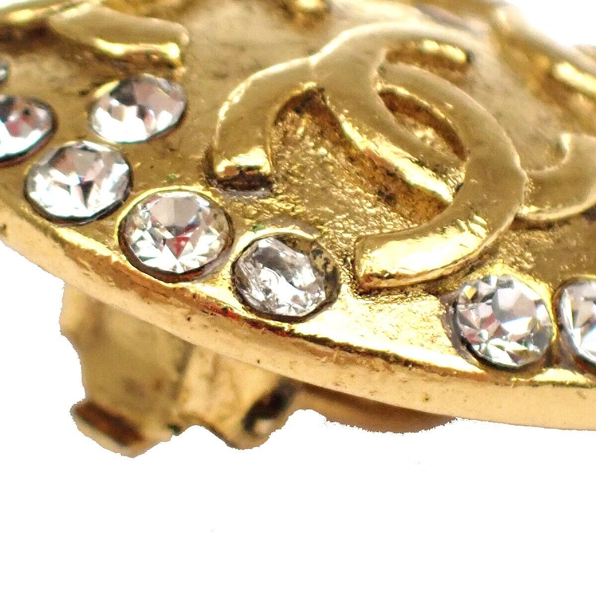 CHANEL CC Logo Round Button Earrings 23 Clip-On Rhinestone GHW Vintage 72GA289
