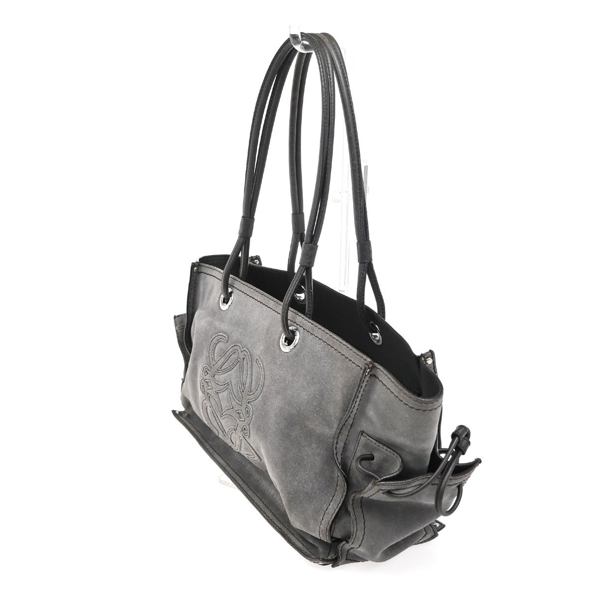 LOEWE Anagram Logo Tote Shoulder Bag Suede Leather Gray Brown SHW 10TA571