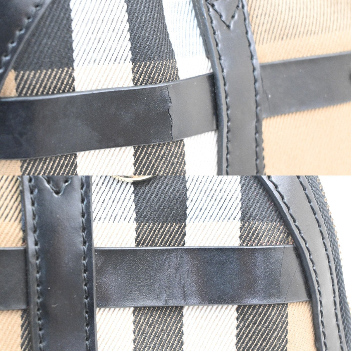 BURBERRY Logo Nova Check Pattern Hand Bag Leather Canvas Black Brown GHW 32TA663