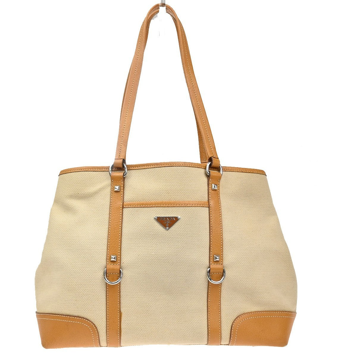 PRADA Logo Shoulder Tote Hand Bag Canvas Leather Beige Orange SHW Italy 34MA594