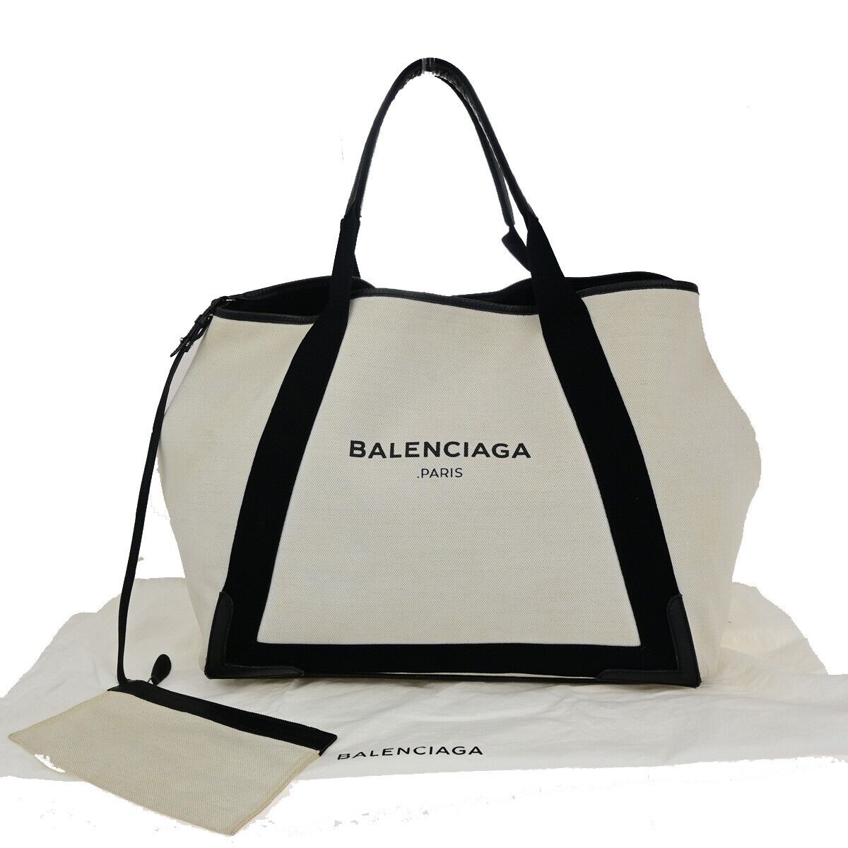 BALENCIAGA Navy Cabas M Shoulder Hand Bag Canvas Leather Ivory Black 37FB060