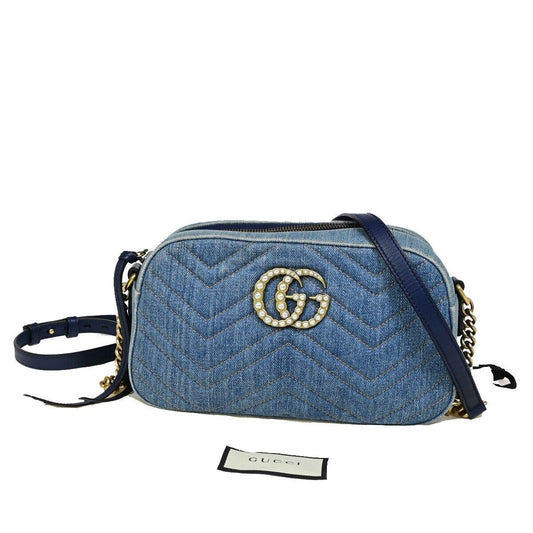 GUCCI GG Marmont Chain Shoulder Bag Imitation Pearl Leather Denim Blue 675RJ902