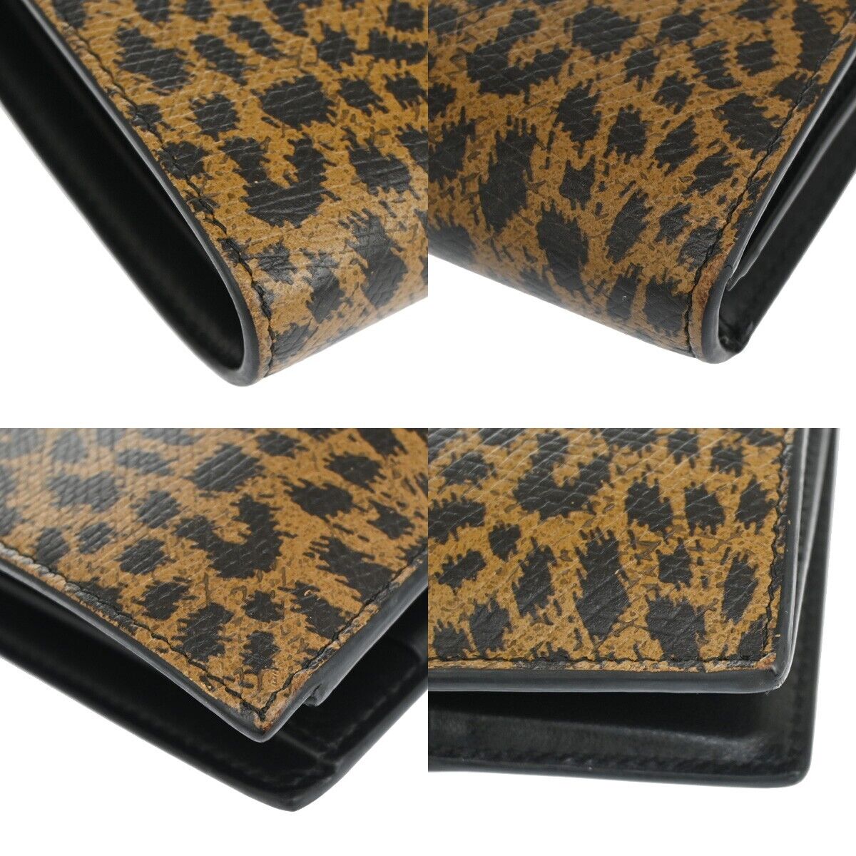 CELINE Logo Leopard Bifold Wallet Purse Leather Brown Black 34RH487
