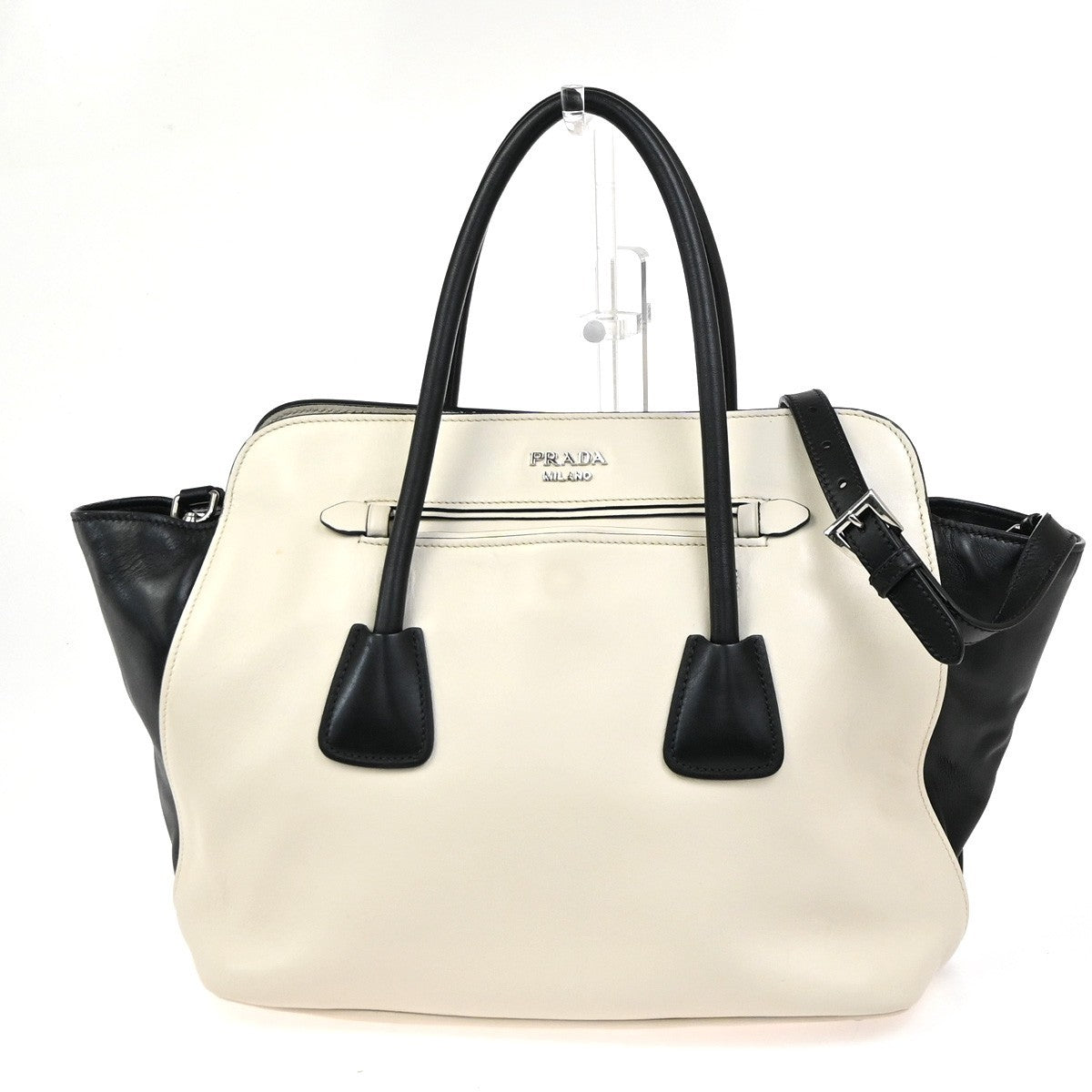 PRADA City Calf Bicolor 2Way Shoulder Tote Hand Bag Leather Black White 34KC748