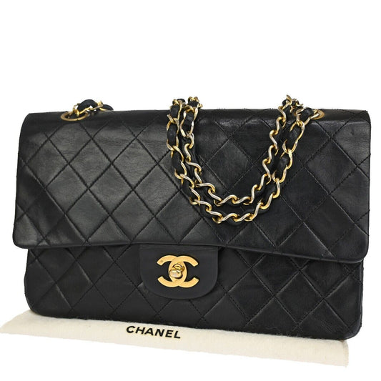 CHANEL CC Matelasse 25 Double Flap Chain Shoulder Bag Leather Black GHW 898RJ228