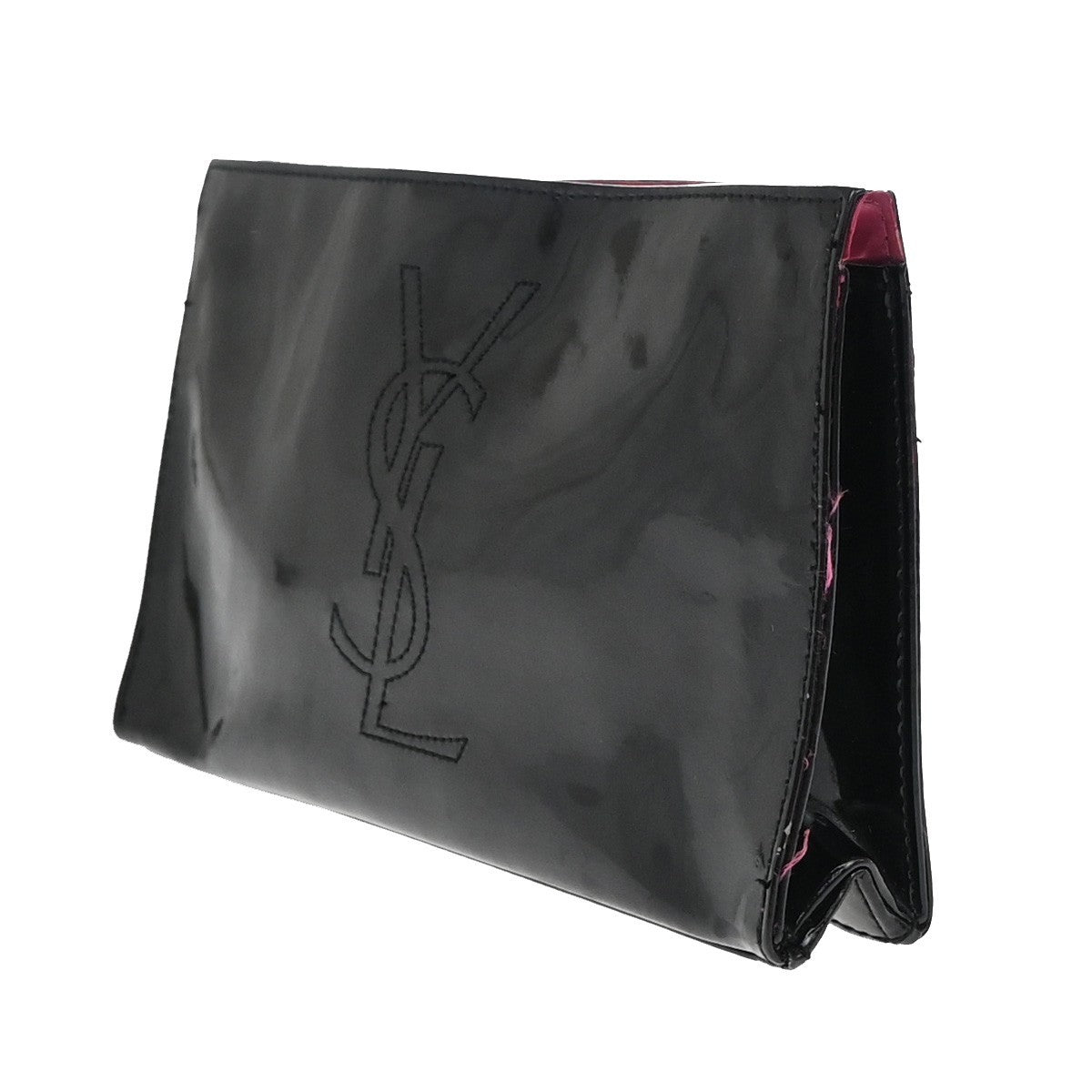 YVES SAINT LAURENT YSL Logo Pouch Bag Patent Leather Black Pink GHW 03KB043