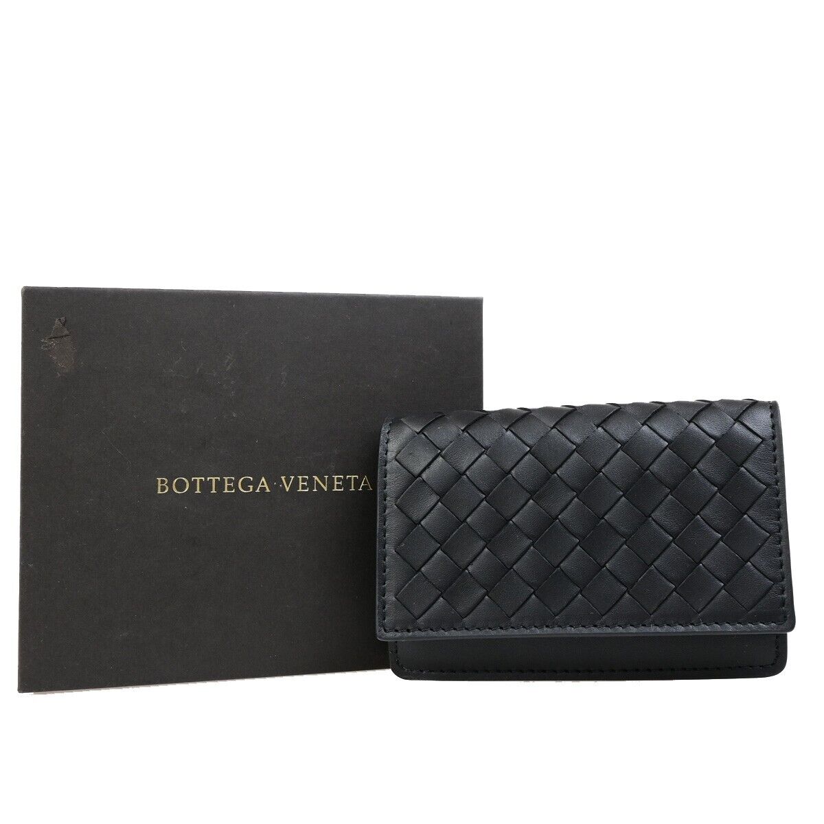 BOTTEGA VENETA Logo Intrecciato Card Holder Wallet Leather Black Italy 64FB224