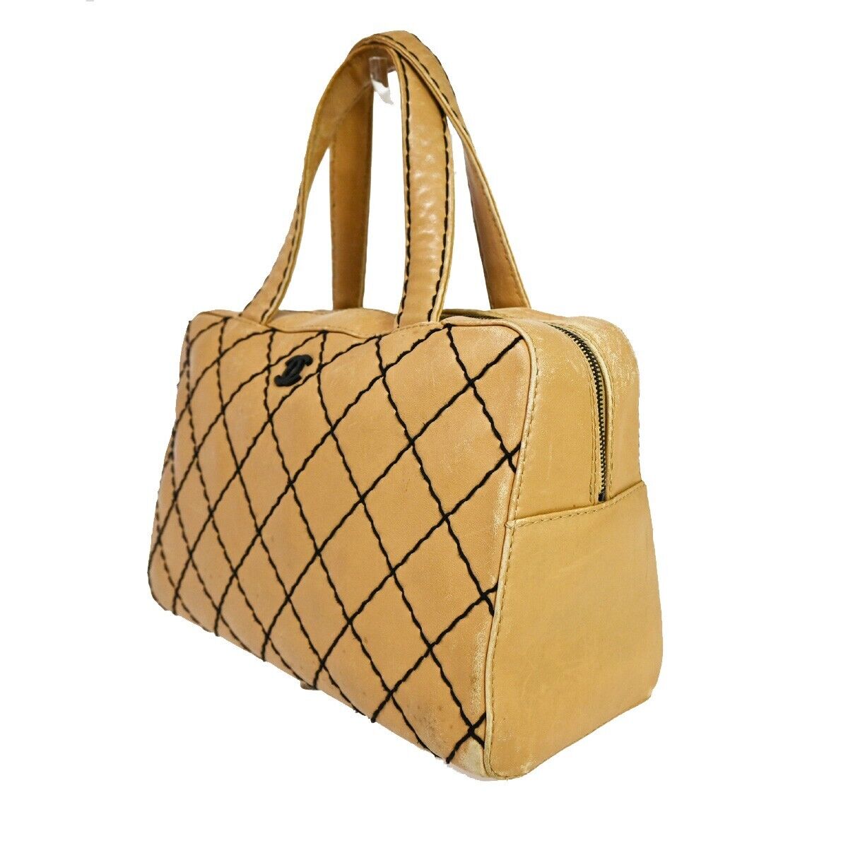 CHANEL CC Logo Wild Stitch Hand Tote Bag Leather Beige Black Italy 11SH052