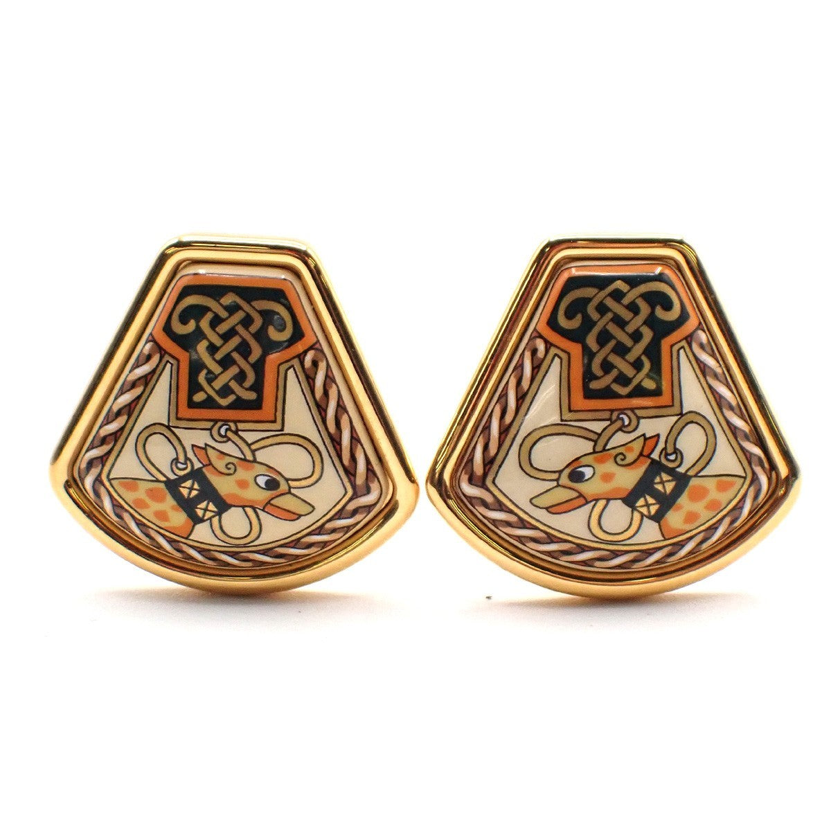 HERMES Logo Cloisonne Celtic Enamel Animal Motif Earrings Clip-On GHW 63RL809