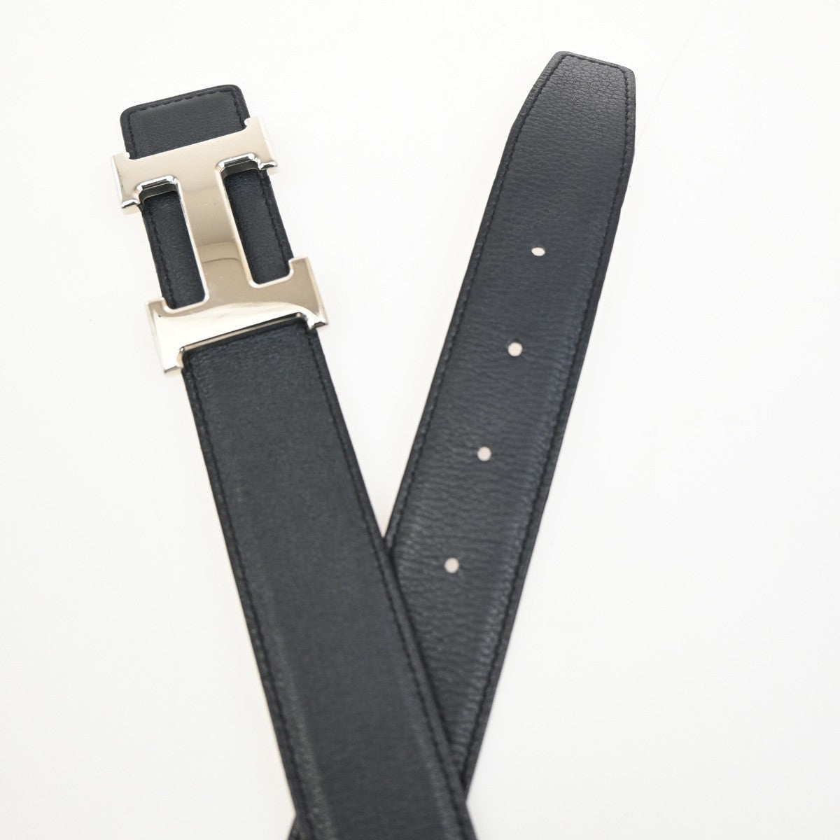 HERMES H Logo Constance Reversible Buckle Belt Leather #68 Black BN SHW 70RL805