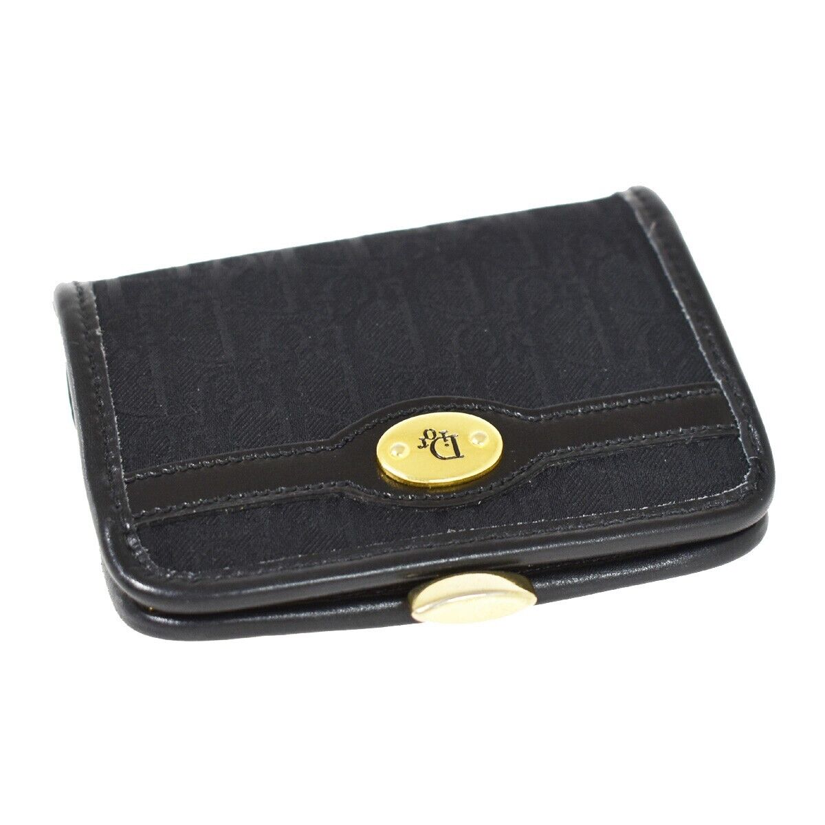 CHRISTIAN DIOR Trotter Clasp Coin Case Wallet Canvas Leather Black Gold 36JH723