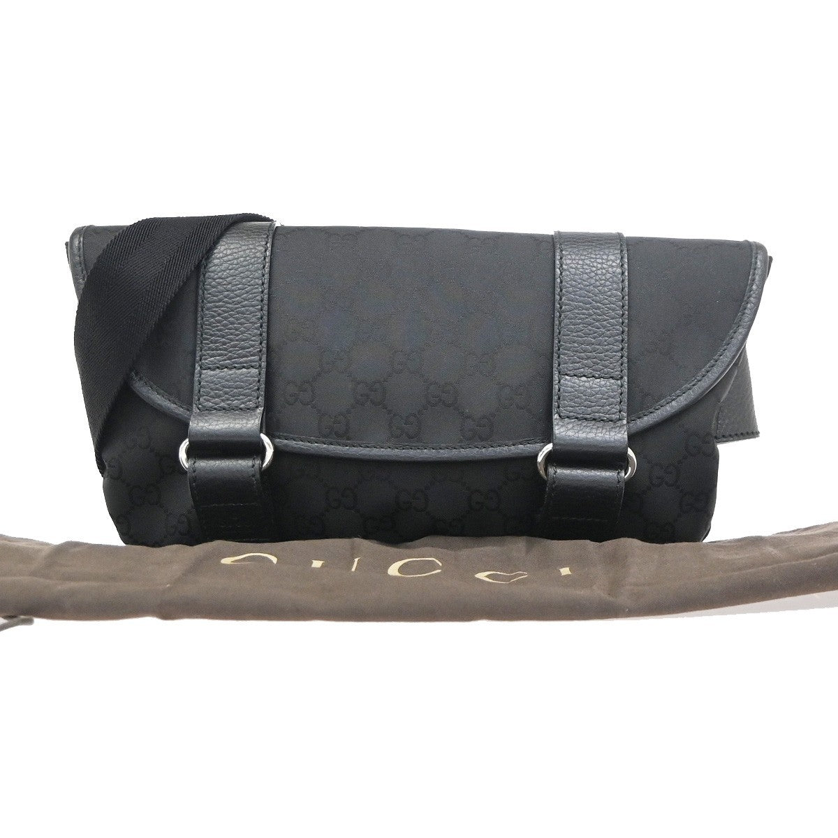 GUCCI Logo GG Pattern Mini Waist Belt Bag Canvas Leather Black SHW Italy 79ZA364