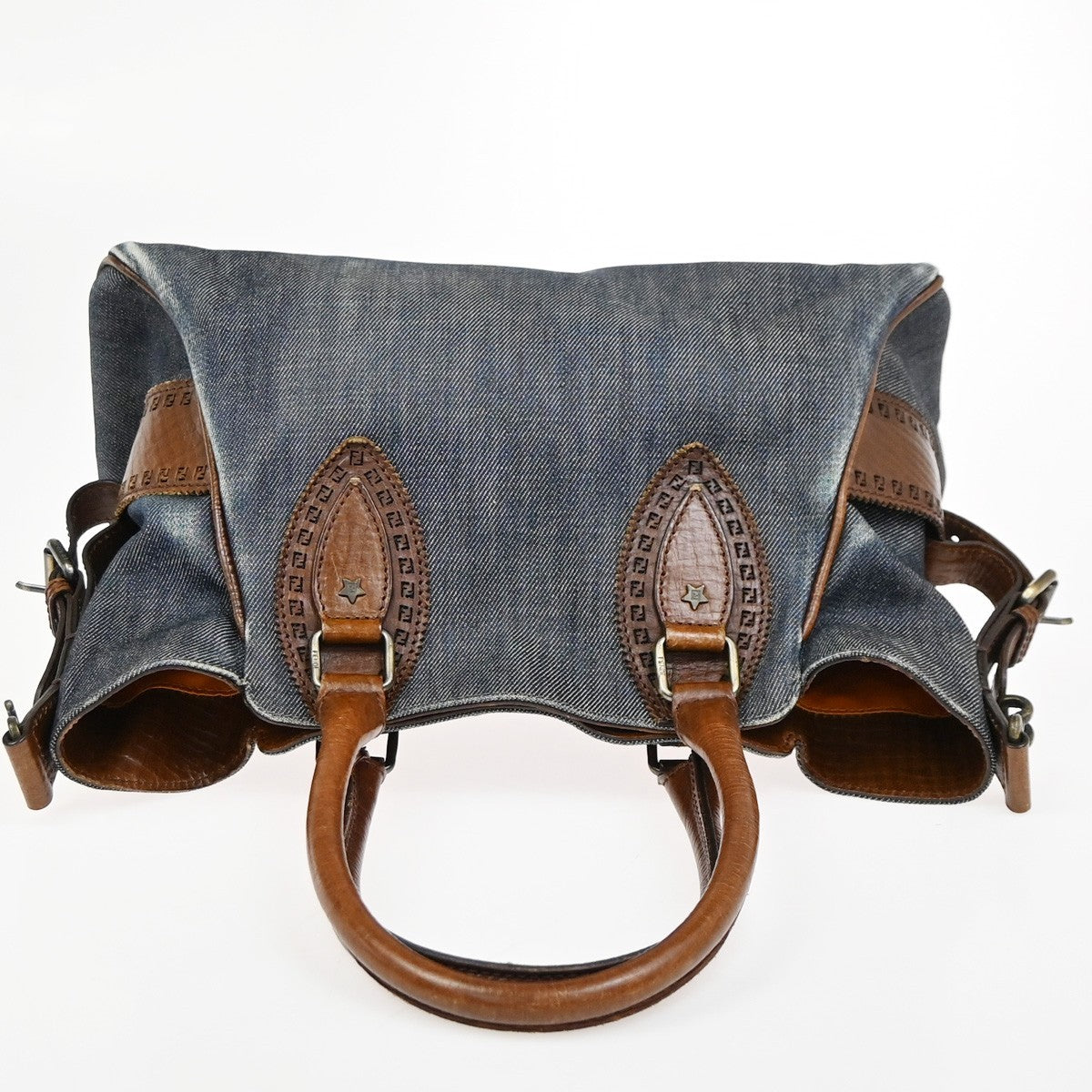 FENDI Logo Etnico Shoulder Hand Bag Denim Leather Blue Brown GHW Italy 87ZA254