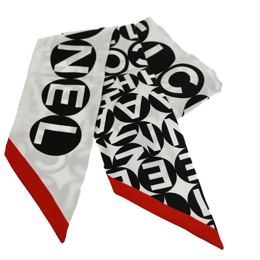 CHANEL Logo Long Scarf Ribbon 100% Silk White Black Red Italy Accessory 67YC050