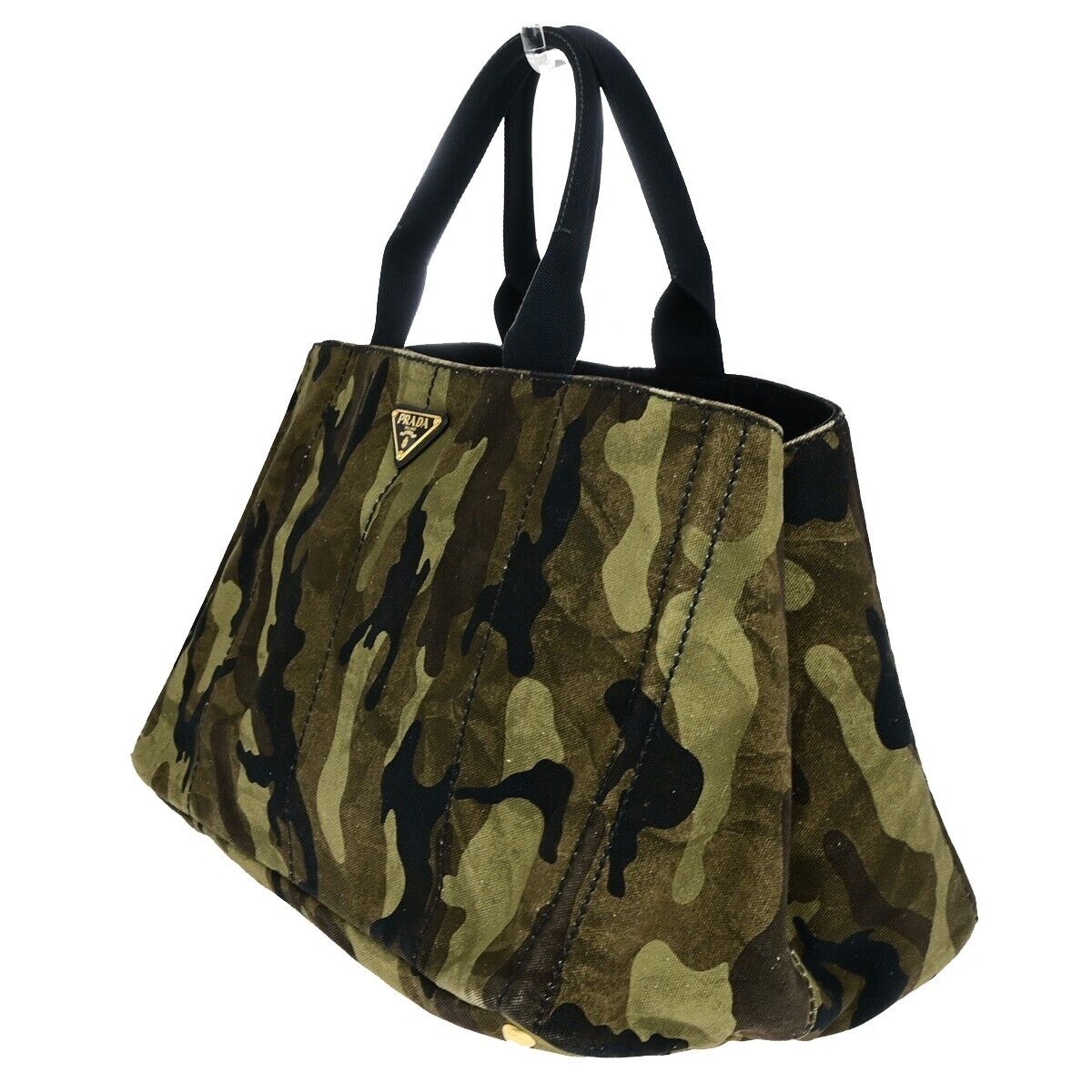 PRADA Logo Camouflage CANAPA Hand Tote Bag Canvas Leather Green GHW 77EC960