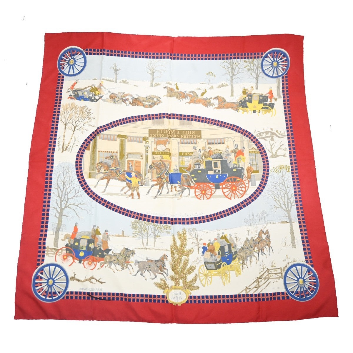 HERMES XL Carre l'Hiver en Poste Ledoux Scarf 100% Silk Red White 63RL907