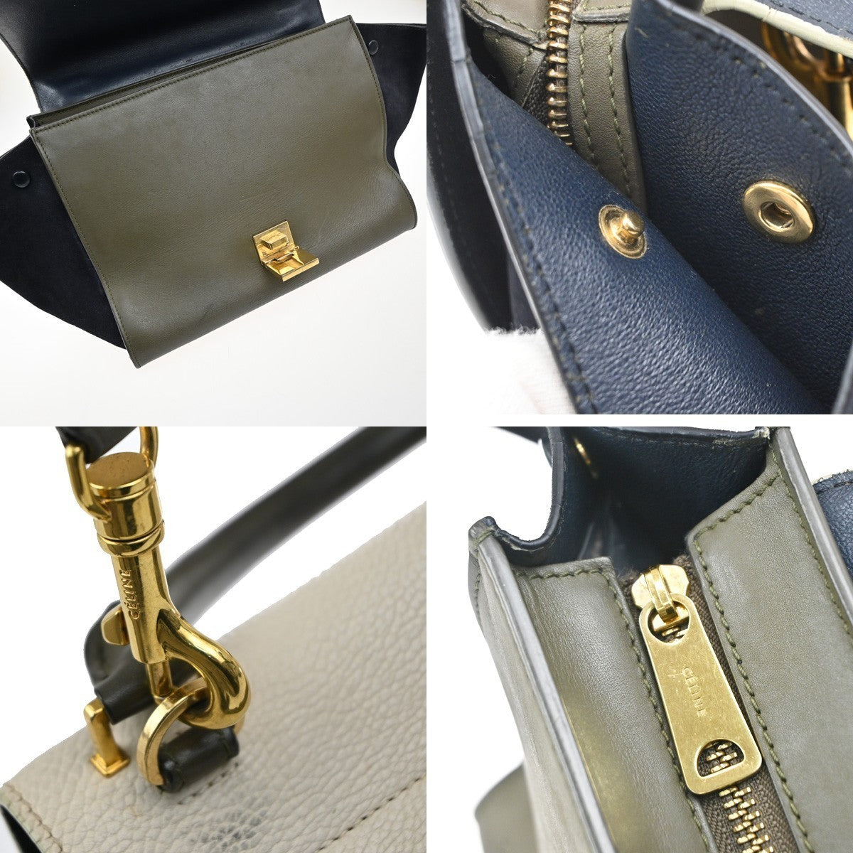 CELINE Trapeze Tricolor 2way Shoulder Bag Leather Suede Khaki White Blue 87EG174