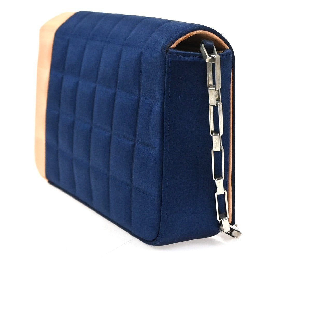 CHANEL Chocolate Bar Chain Shoulder Bag Satin Leather Blue SHW Italy 50RQ027