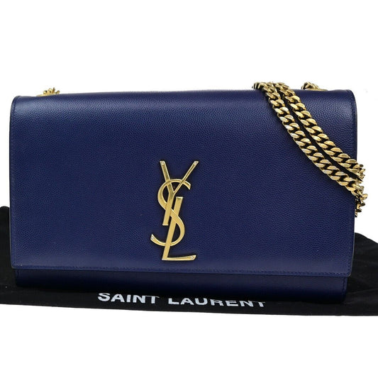 SAINT LAURENT YSL Kate Medium Chain Shoulder Bag Leather Navy Blue GHW 603RK924