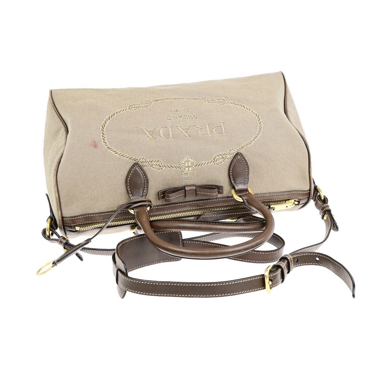 PRADA MILANO Logo Jacquard 2Way Shoulder Hand Bag Canvas Leather Brown 31EB710