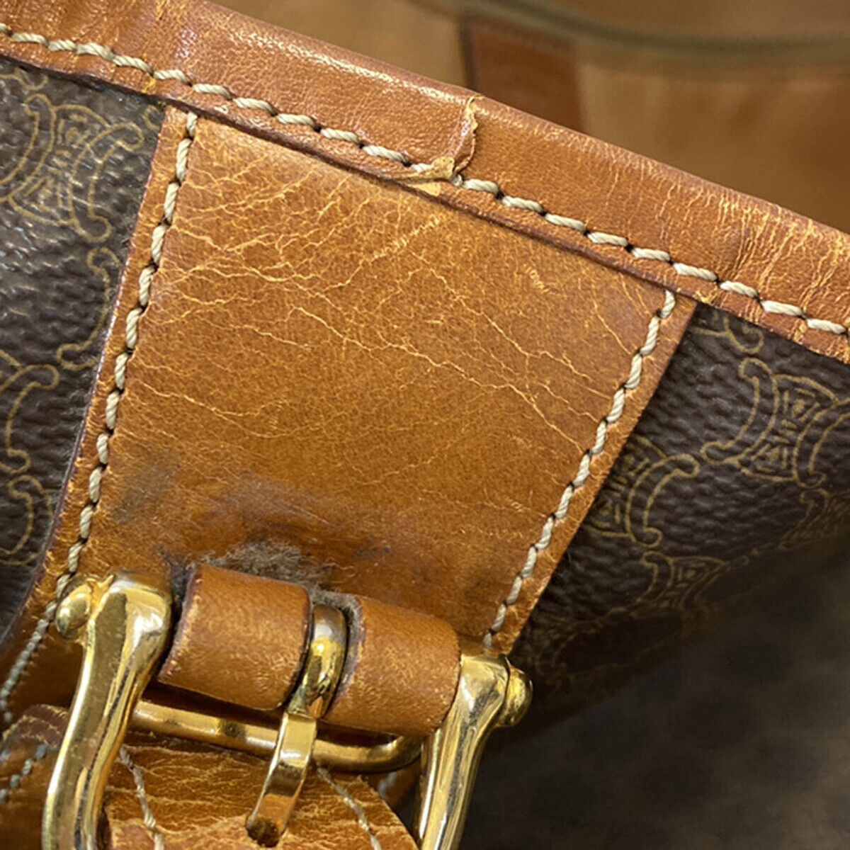 CELINE Logo Macadam Pattern Shoulder Tote Bag PVC Leather Brown GHW 67YG537