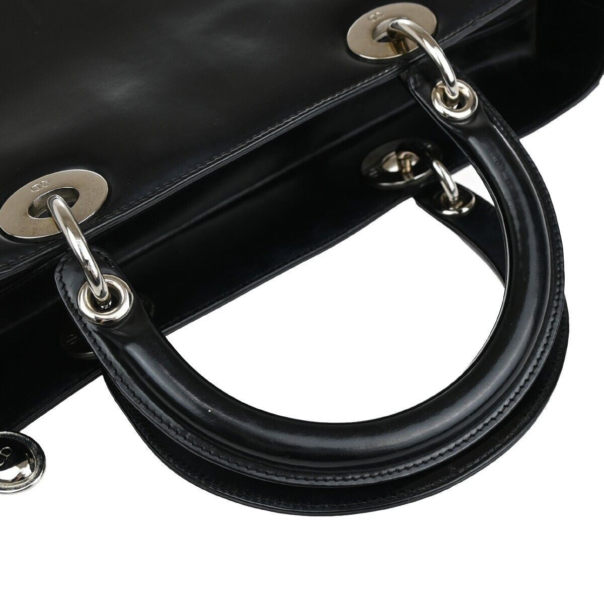 CHRISTIAN DIOR Lady Tote Hand Bag Patent Leather Black Silver Italy 12SH744