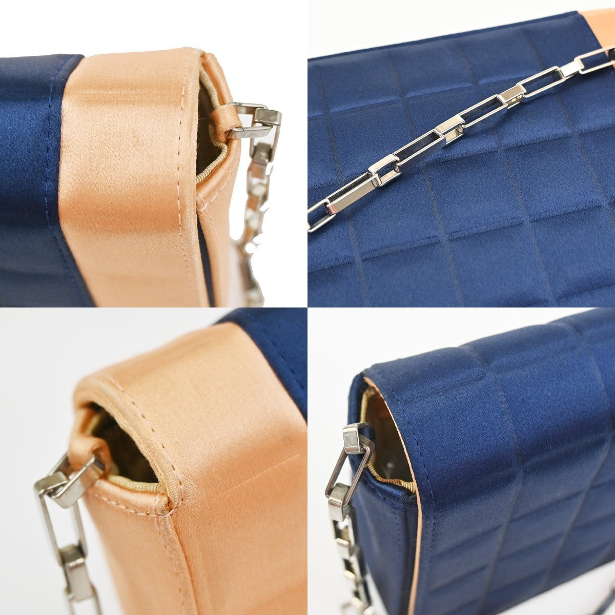 CHANEL Chocolate Bar Chain Shoulder Bag Satin Leather Blue SHW Italy 50RQ027