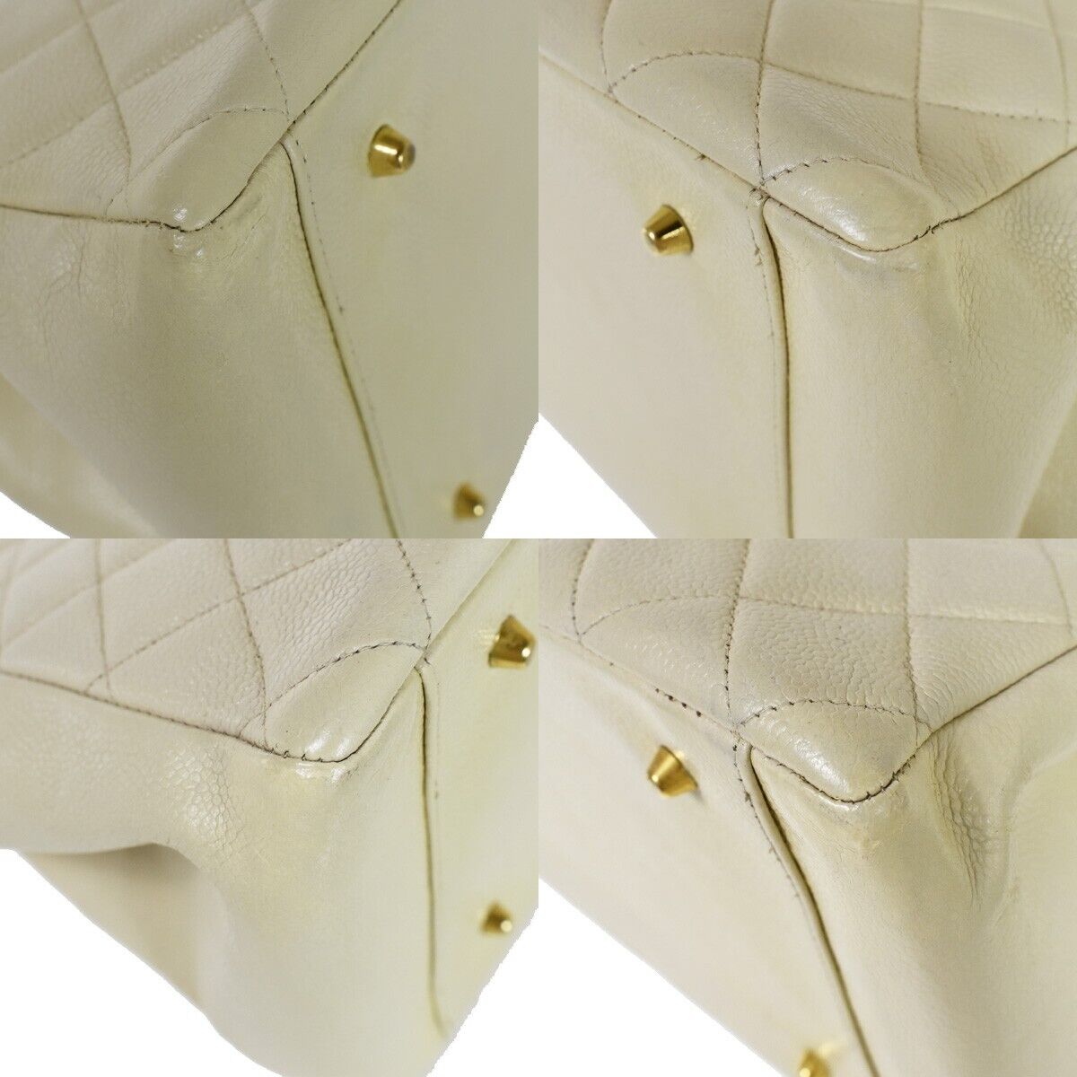 CHANEL CC Matelasse Chain Shoulder Tote Bag Caviar Leather Ivory GHW 49FA171