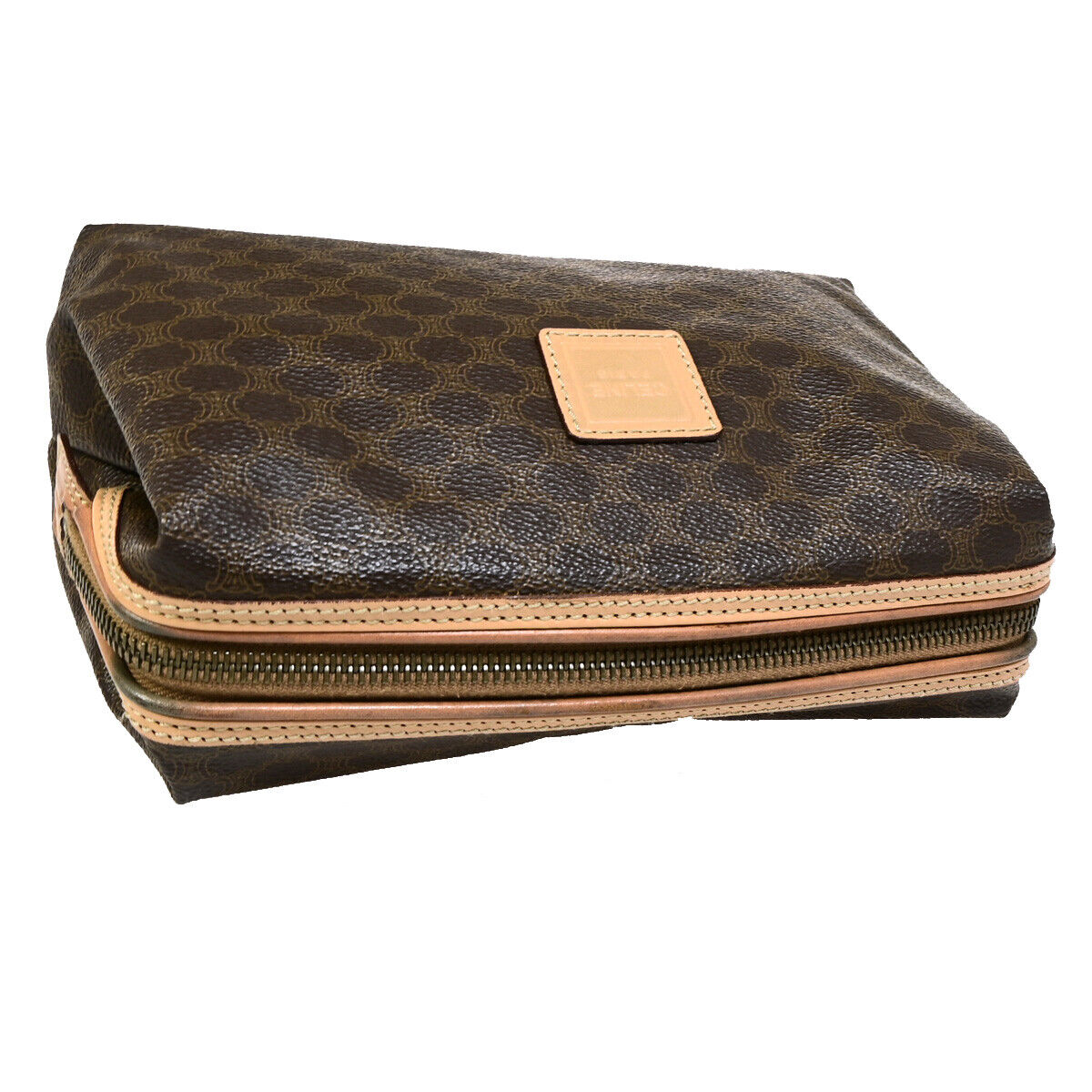 CELINE Logo Macadam Pattern Pouch Hand Bag PVC Leather Brown GHW 04SJ099