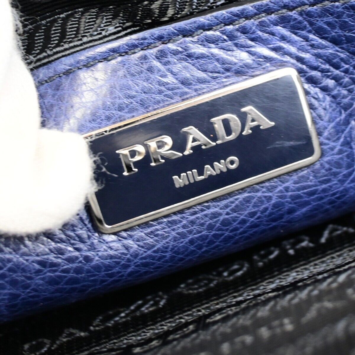 PRADA MILNO Logo 2Way Shoulder Hand Bag Leather Navy Blue Silver-Plated 10ED918
