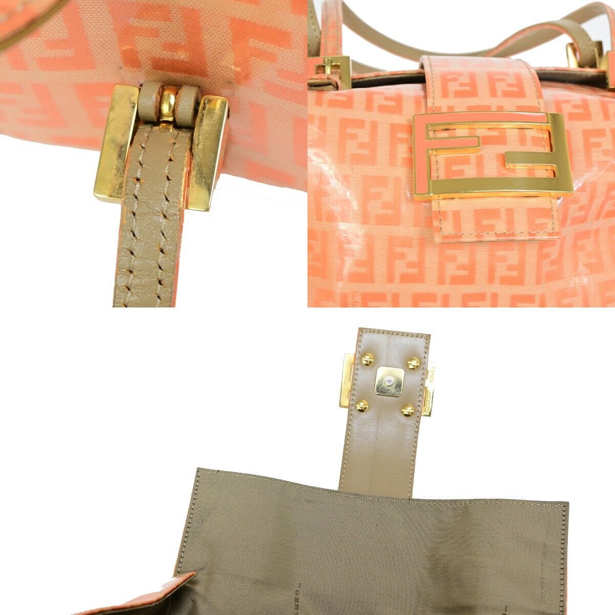 FENDI Logo Zucca Pattern Hand Shoulder Bag Patent Leather orange Gold 87SH936