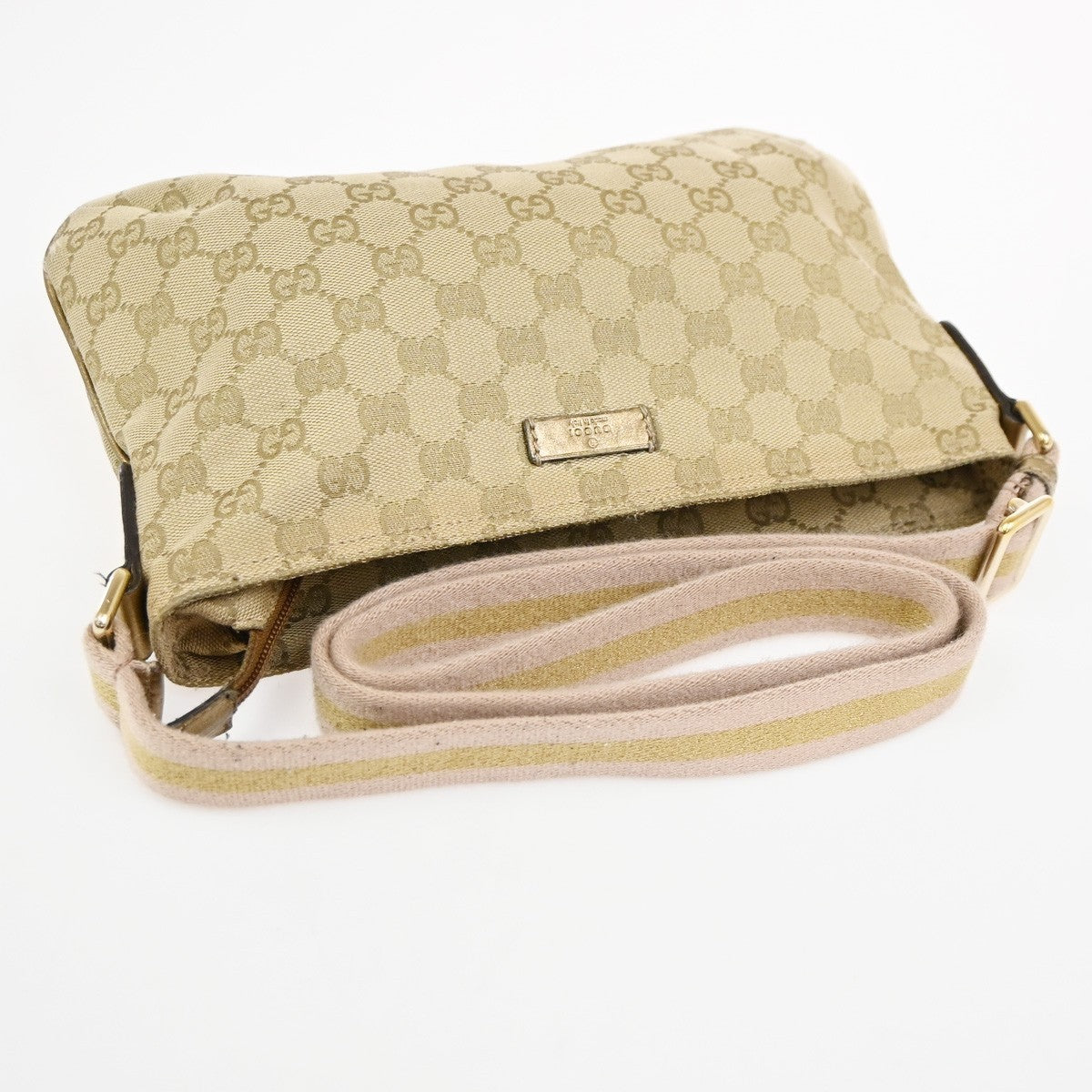 GUCCI Logo GG Pattern Crossbody Shoulder Bag Canvas Leather Beige GHW 67TA694