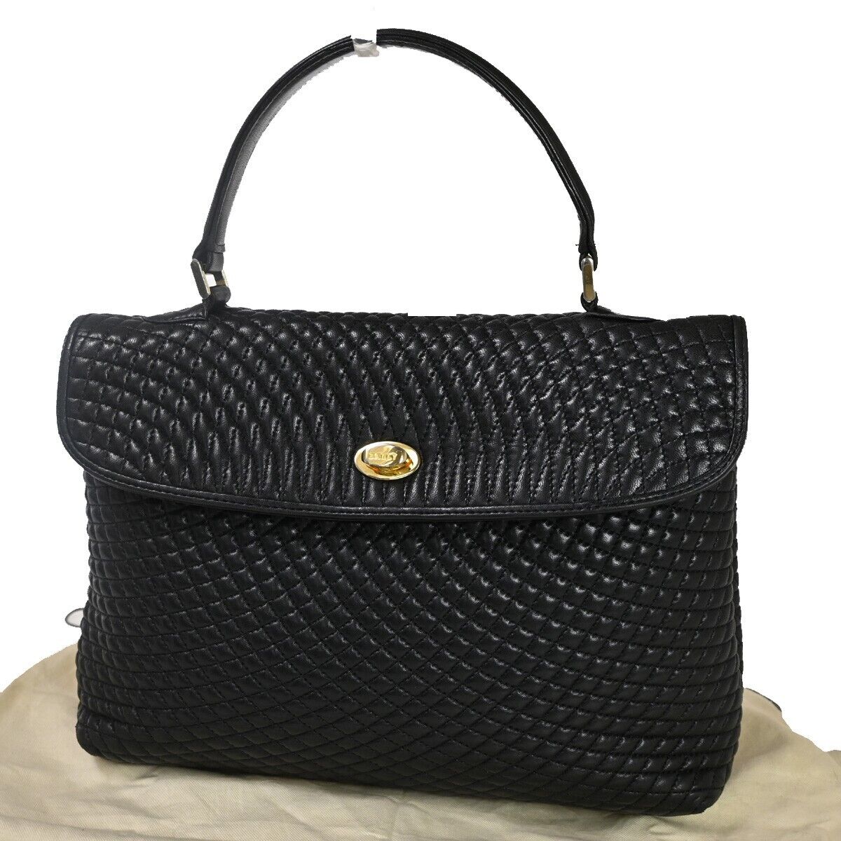 BALLY Logo Hand Bag Leather Black Gold-Plated Made In Italy 02YD220