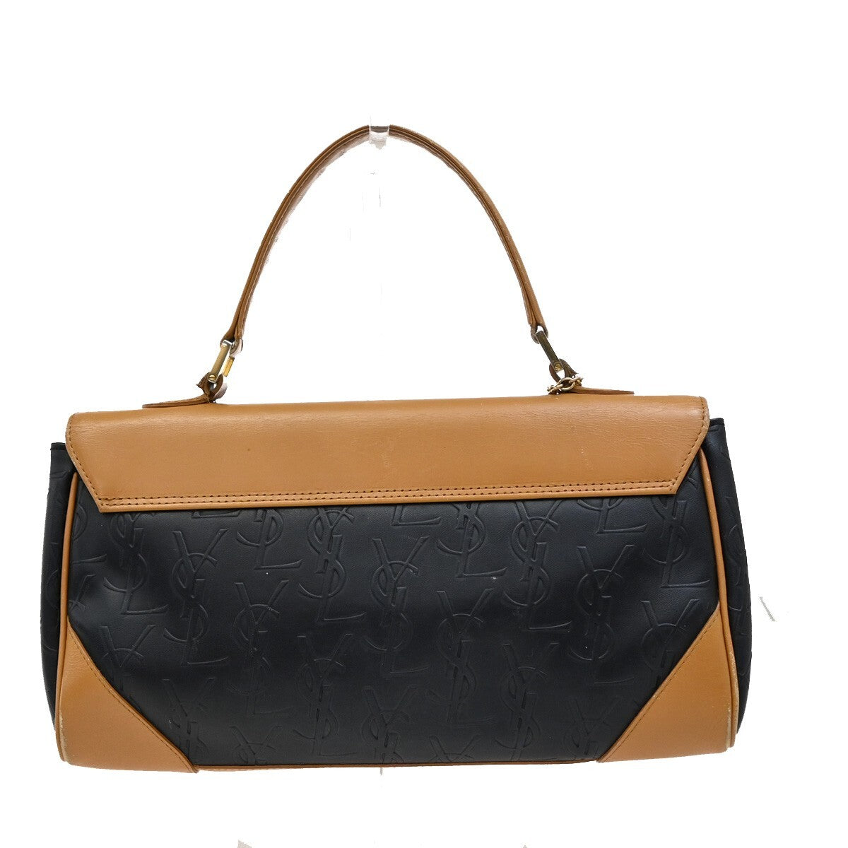 YVES SAINT LAURENT YSL Logo Hand Bag PVC Leather Black Brown Gold 03EE380