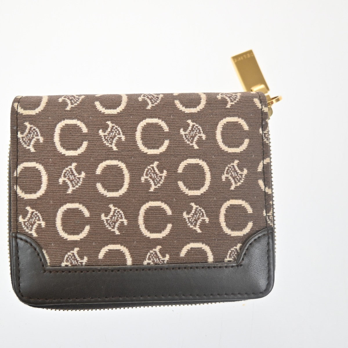 CELINE Logo Macadam Pattern Mini Zipper Wallet Canvas Leather Brown GHW 68TA454