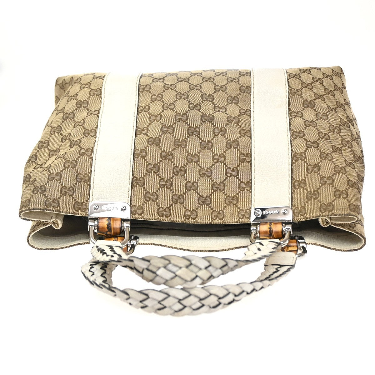 GUCCI Logo GG Pattern Hand Tote Bag Bamboo Canvas Leather Beige Italy 70CA985