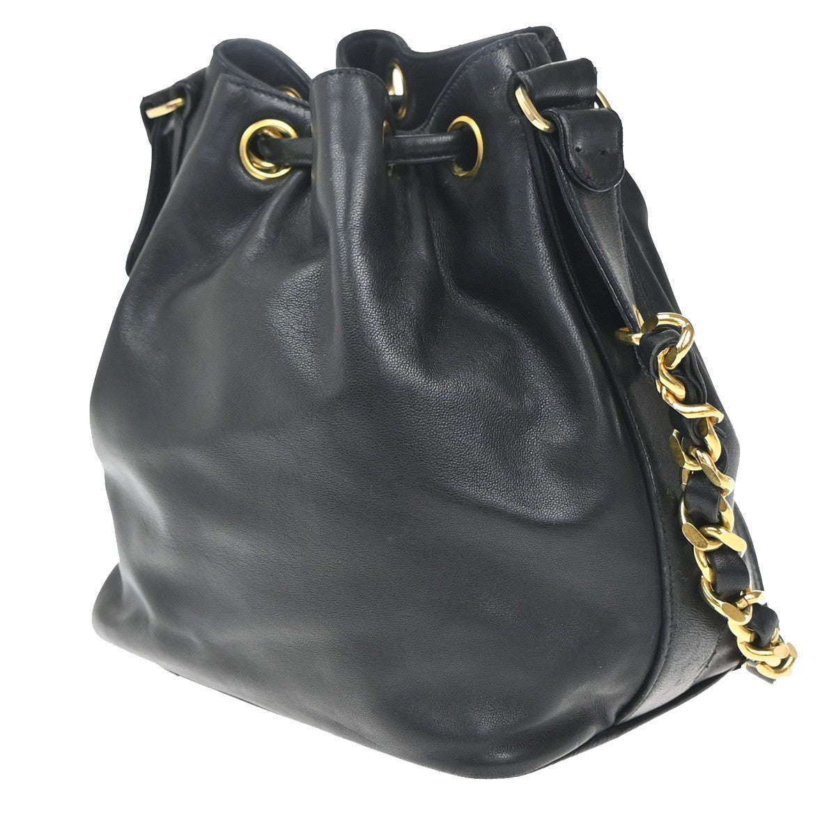 CHANEL CC Logo Drawstring Mini Chain Shoulder Bag Leather Black Vintage 40RP062