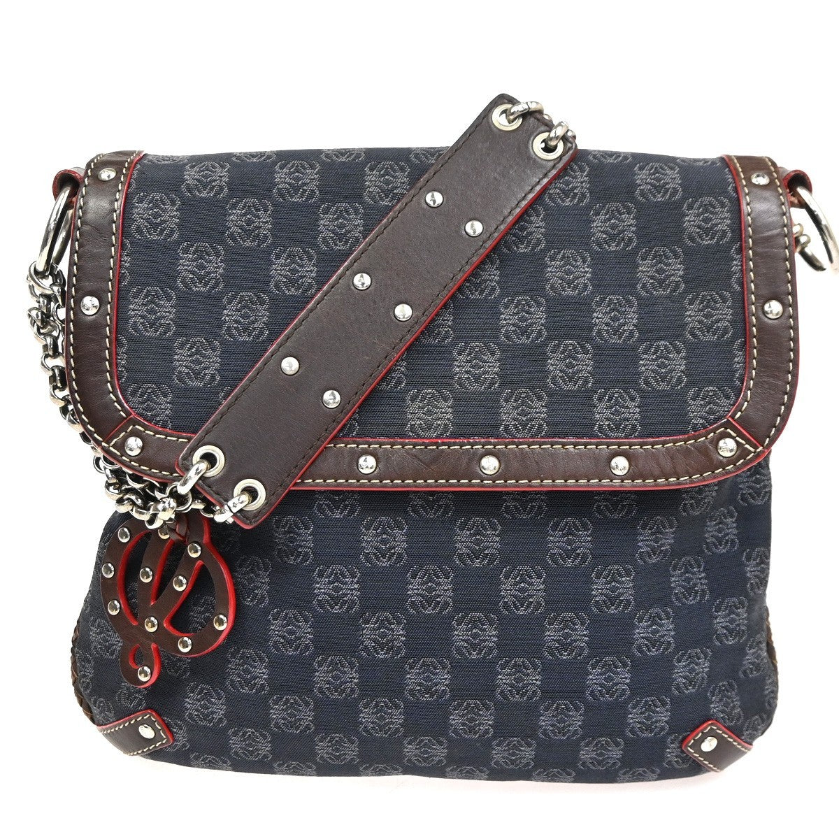 LOEWE Logo Anagram Studded Flap Shoulder Bag Canvas Leather Navy SHW 35CA788