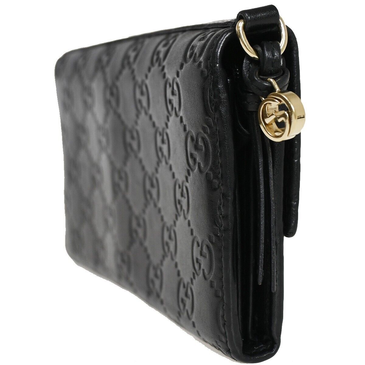 GUCCI Micro Guccissima GG Pattern Long Bifold Wallet Leather Black Gold 32EA632
